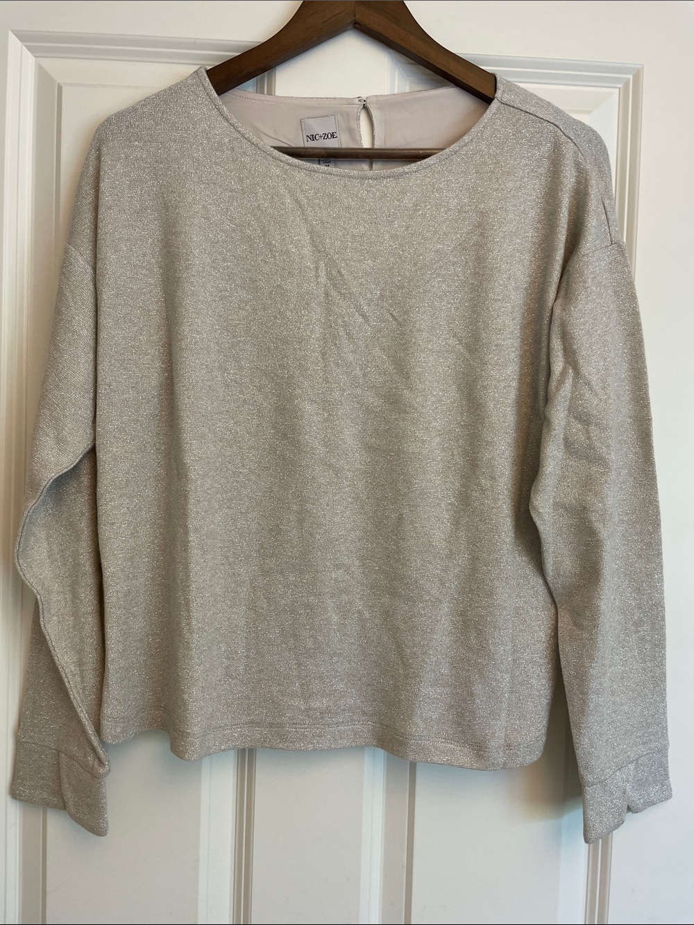 NIC+ZOE Metallic Light Beige with Silver/Gold Thread Crewneck Sweater Tee